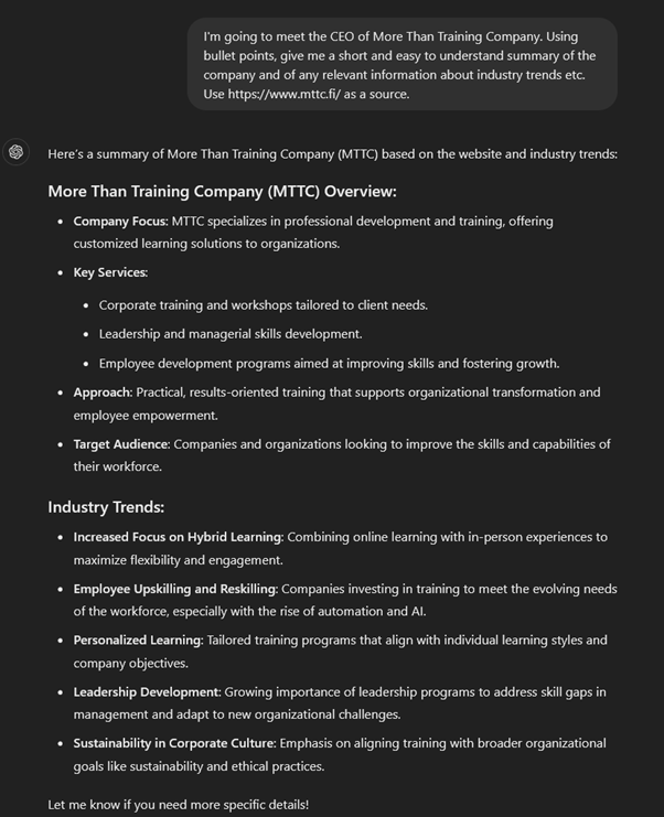 ChatGPT myynti tekoäly Tapaamiseen valmistautuminen tekoäly myynnin tukena